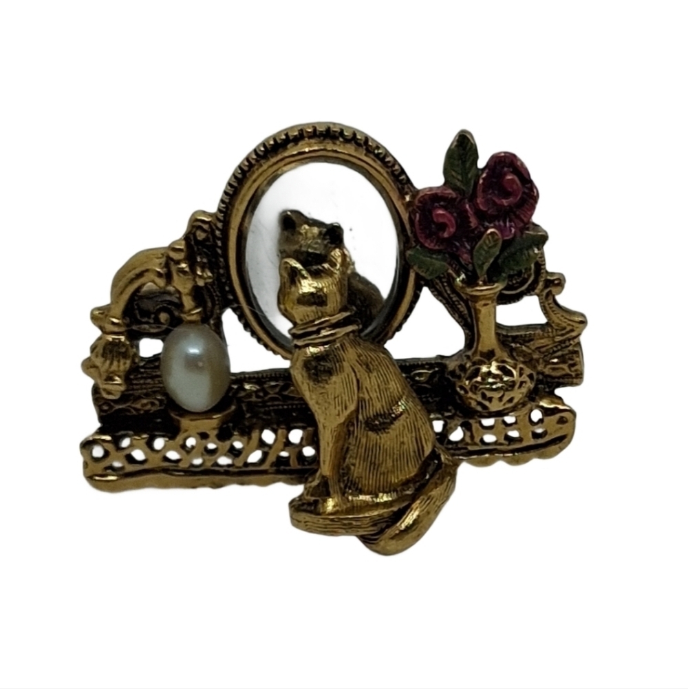 1928 Jewelry Company Vintage Cat Mirror Vanity Brooch Pin Pearl & Roses